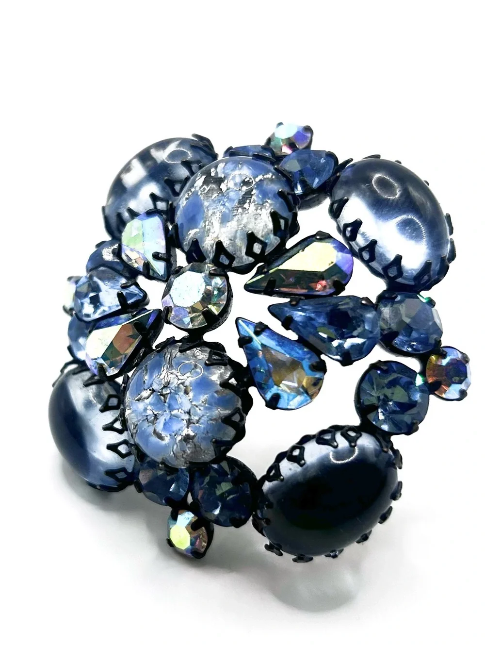 Vintage Rhinestone signed Regency Rare Blue Crystal Cluster Cabochon Brooch 50s